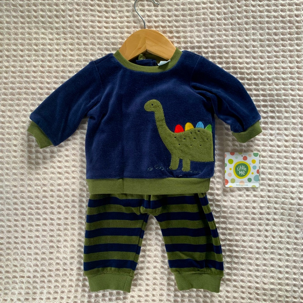 Little Me Dino Stripe Velour Pant Set
